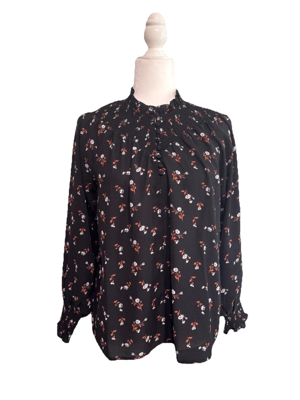 Madewell Mock Neck Top Womens XS‎ Black Tossed Floral Smocked
